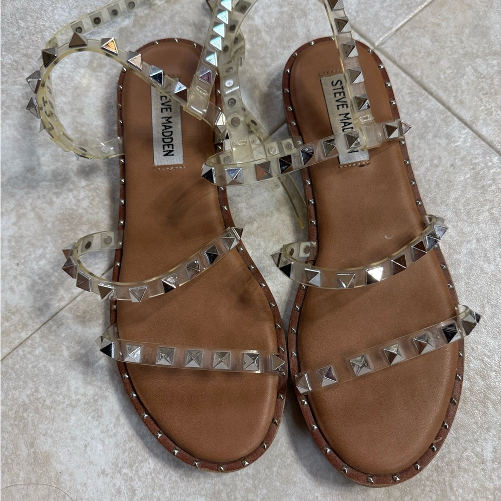 Steve Madden Clear PVC Studded Sandals with Brown Insole - Picture 2 of 4